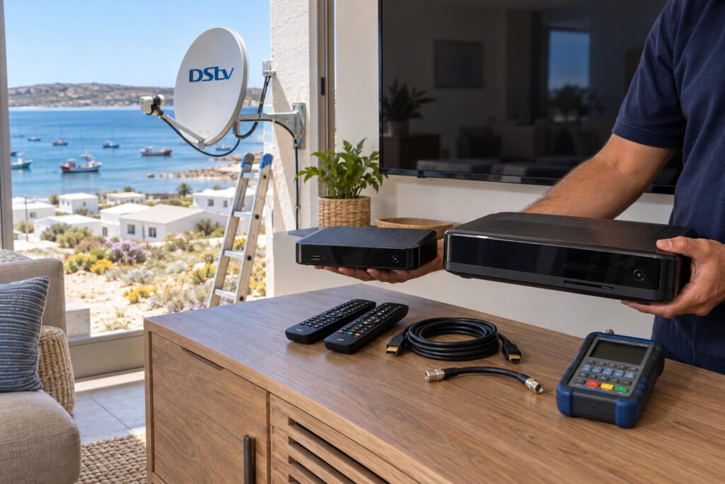 Comparing DStv decoder price options for HD and Explora in a lounge