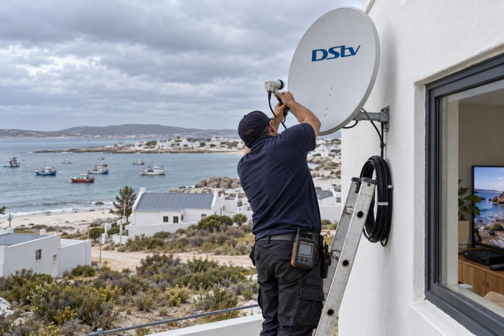 Technician fitting a Smart LNB to a DStv dish in Shelley Point