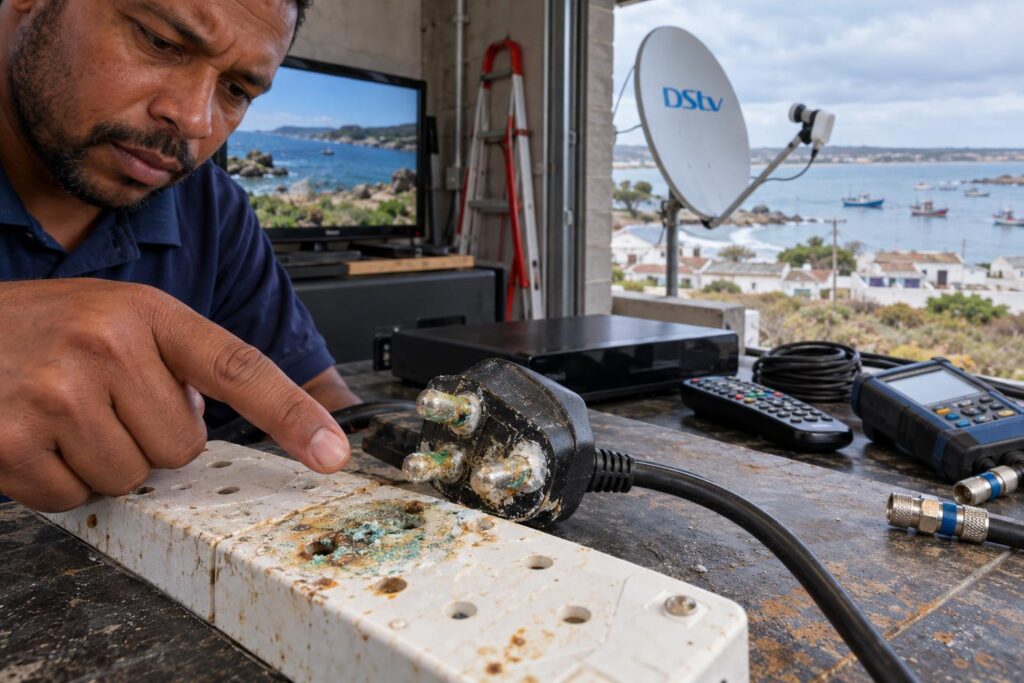 Salt corrosion on plugs Salt corroded multiplug that stops a DStv decoder from turning on