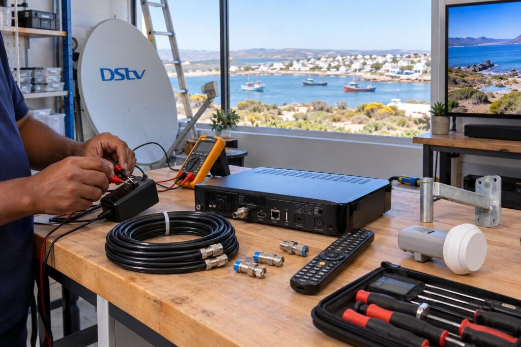 Power supply test Technician testing the power adaptor of a DStv decoder that won't turn on