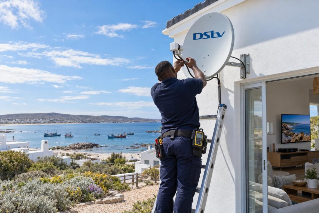 Technician checking the dish Local technician checking a DStv dish and cabling at a St Helena Bay home