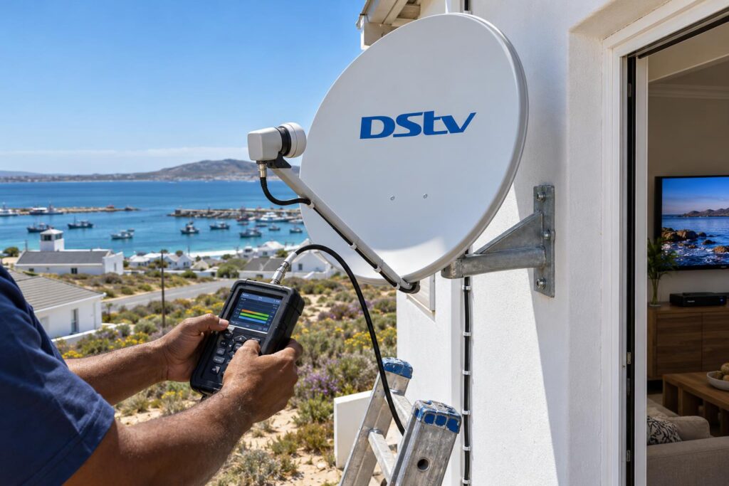 Signal meter test Technician testing signal on DStv dish in St Helena Bay with meter