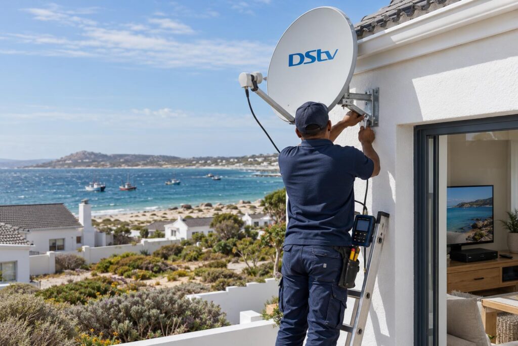 Dish repair after wind Technician fixing windblown DStv dish on a Shelley Point roof