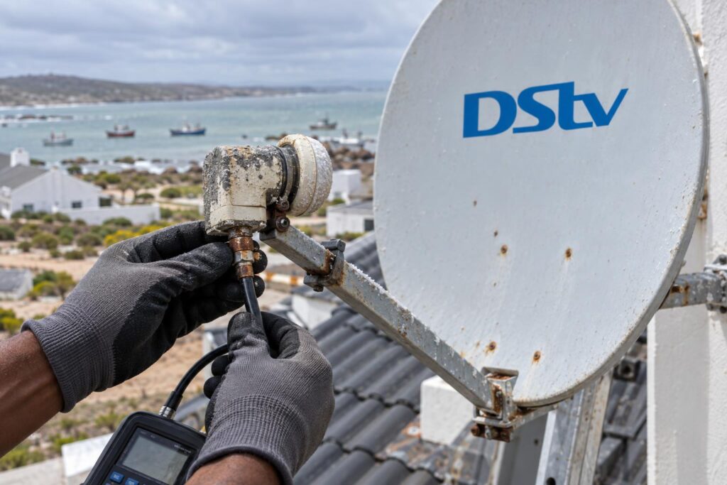 Corroded LNB on a DStv dish arm damaged by West Coast salt air