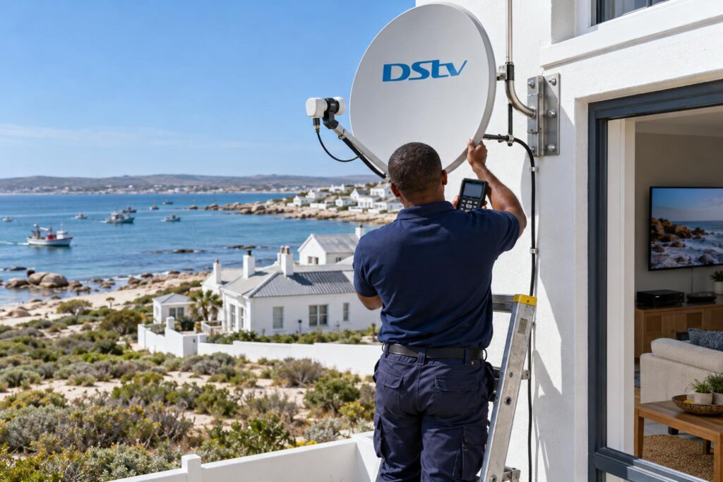 Technician aligning a DStv dish with a signal meter to stop DStv picture freezing