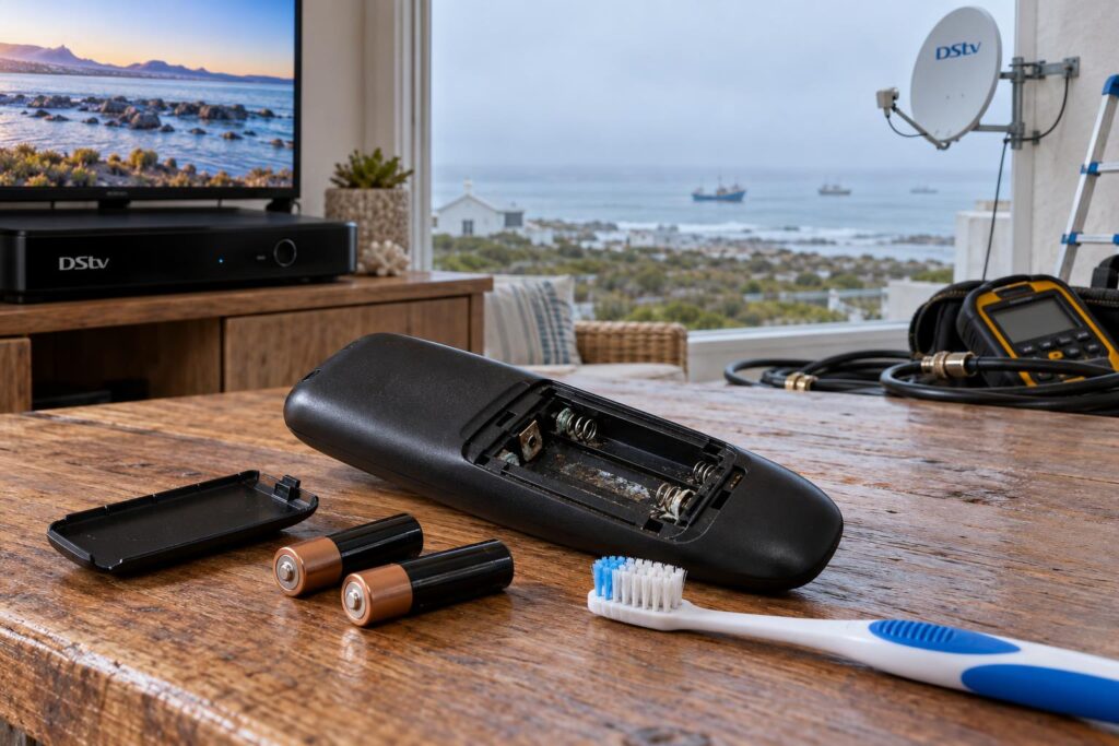 Salt corrosion on battery contacts Cleaning salt corrosion from DStv remote battery contacts in a coastal home