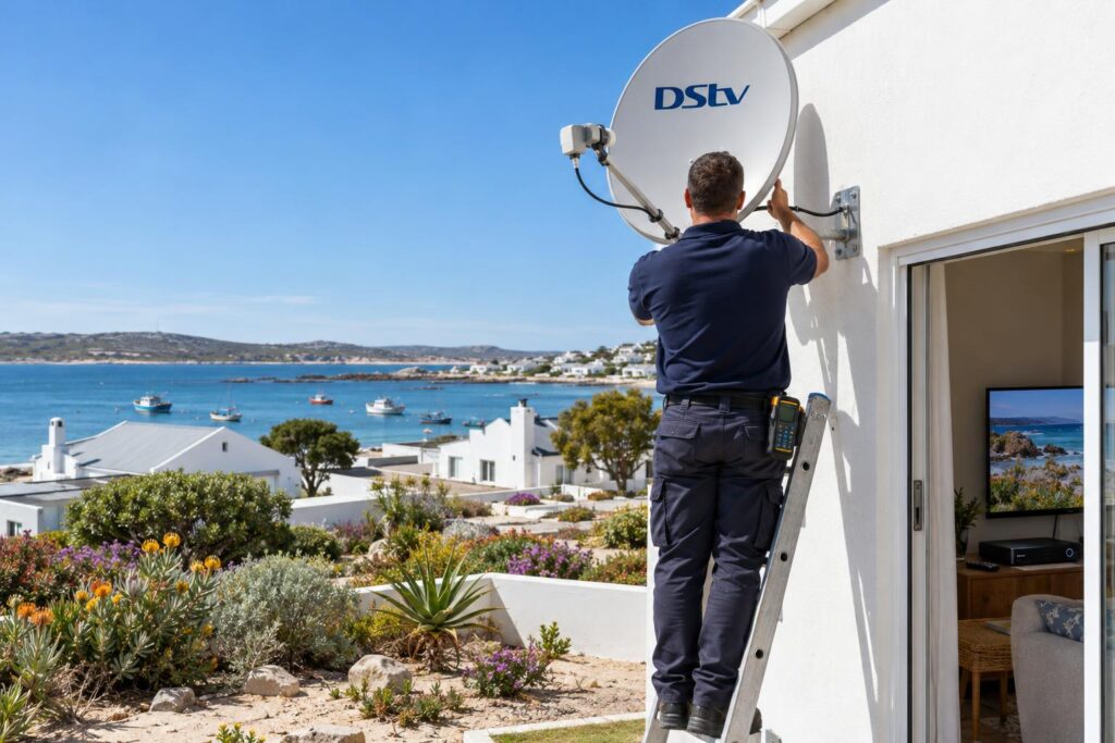 Signal check on a St Helena Bay dish Technician checking a DStv dish when the remote is not the real fault