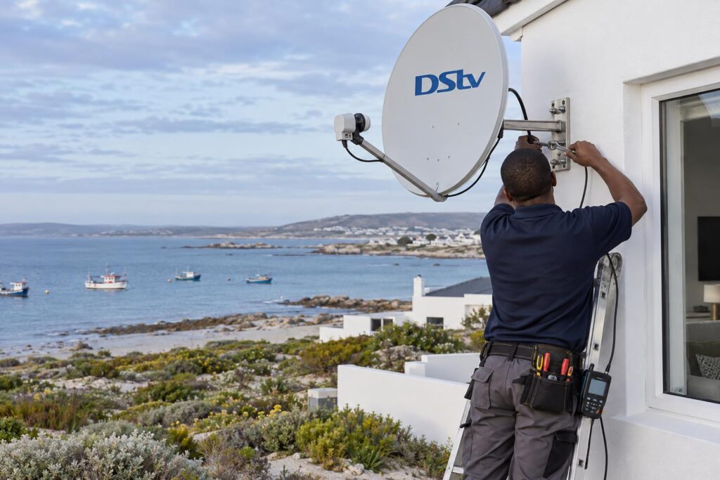 Securing the dish against the wind Installer securing a DStv dish against wind and salt air near the bay