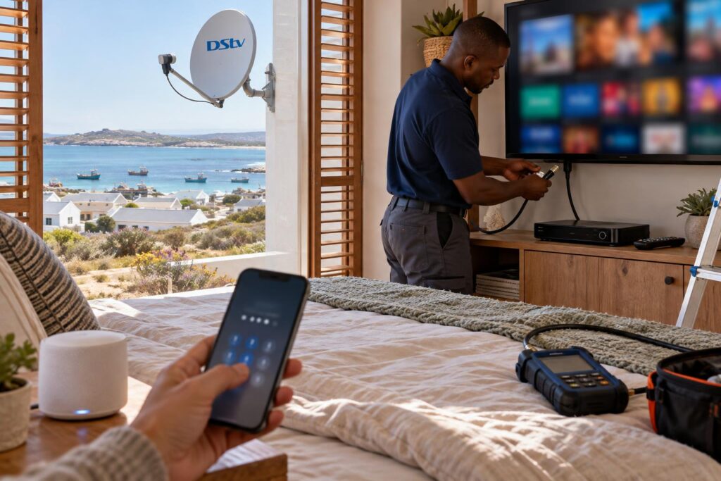 Setting up DStv Stream on a smart TV Linking the DStv Stream app to a smart TV in a holiday home bedroom