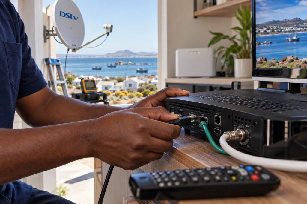 Technician plugging a DStv WiFi Connector dock into the Explora rear USB port