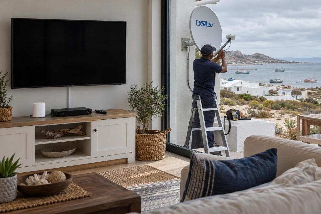 Mesh WiFi point helping a DStv decoder connect in a coastal home
