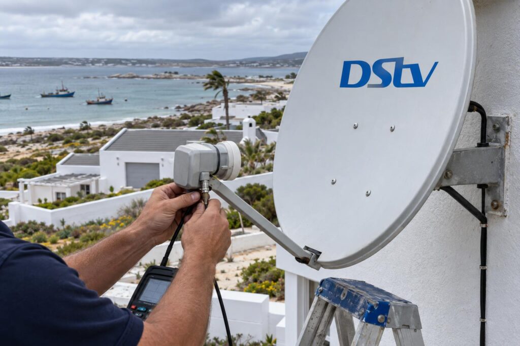 Checking a corroded LNB connector on a coastal DStv dish in St Helena Bay