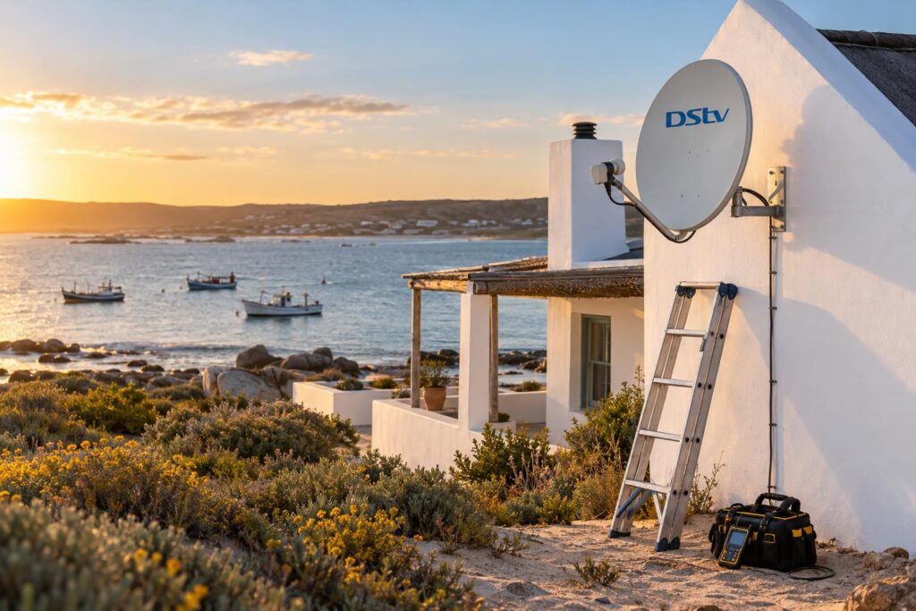 Holiday cottage with a DStv dish on the St Helena Bay coastline