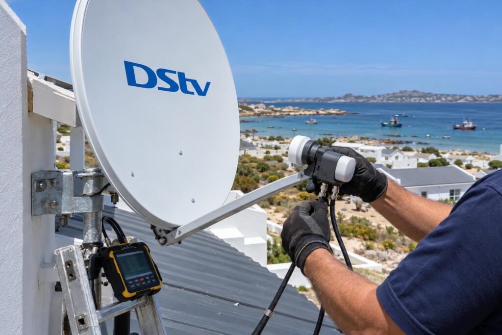 Fitting a dual LNB Technician fitting a dual LNB so one dish runs OpenView and DStv