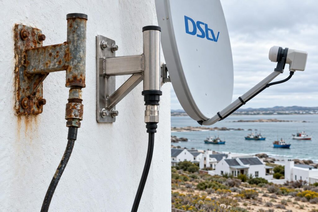 Salt air damage to avoid Rusted bracket next to a new sealed bracket on a West Coast dish
